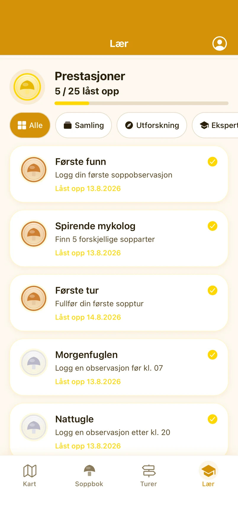 Merkeskjerm med opplåste prestasjoner og framgangslinje