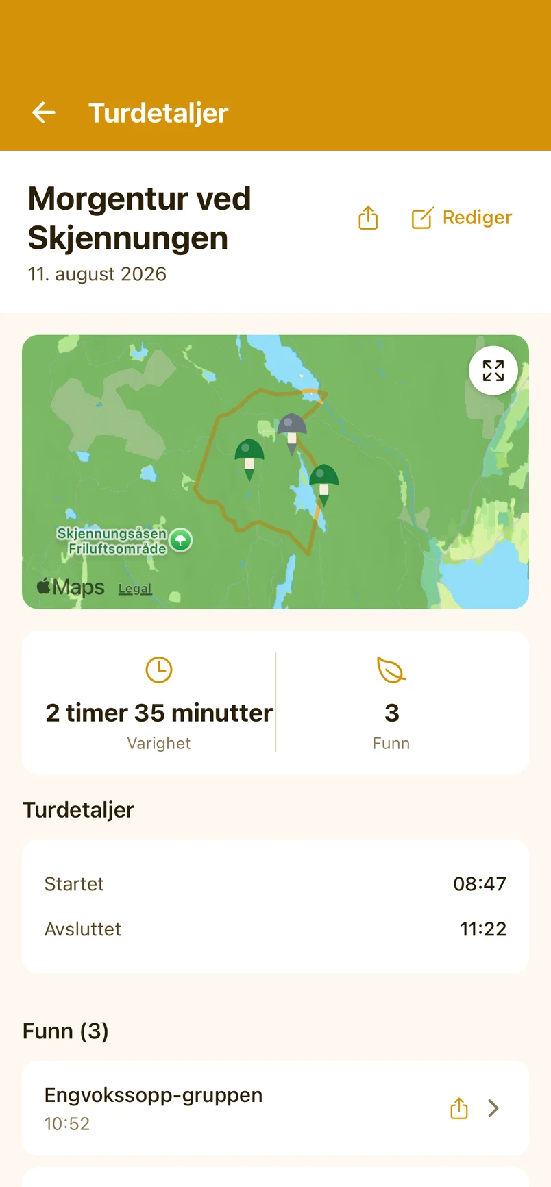 Turrute tegnet på kartet rundt Skjennungen, med tre soppfunn markert langs stien